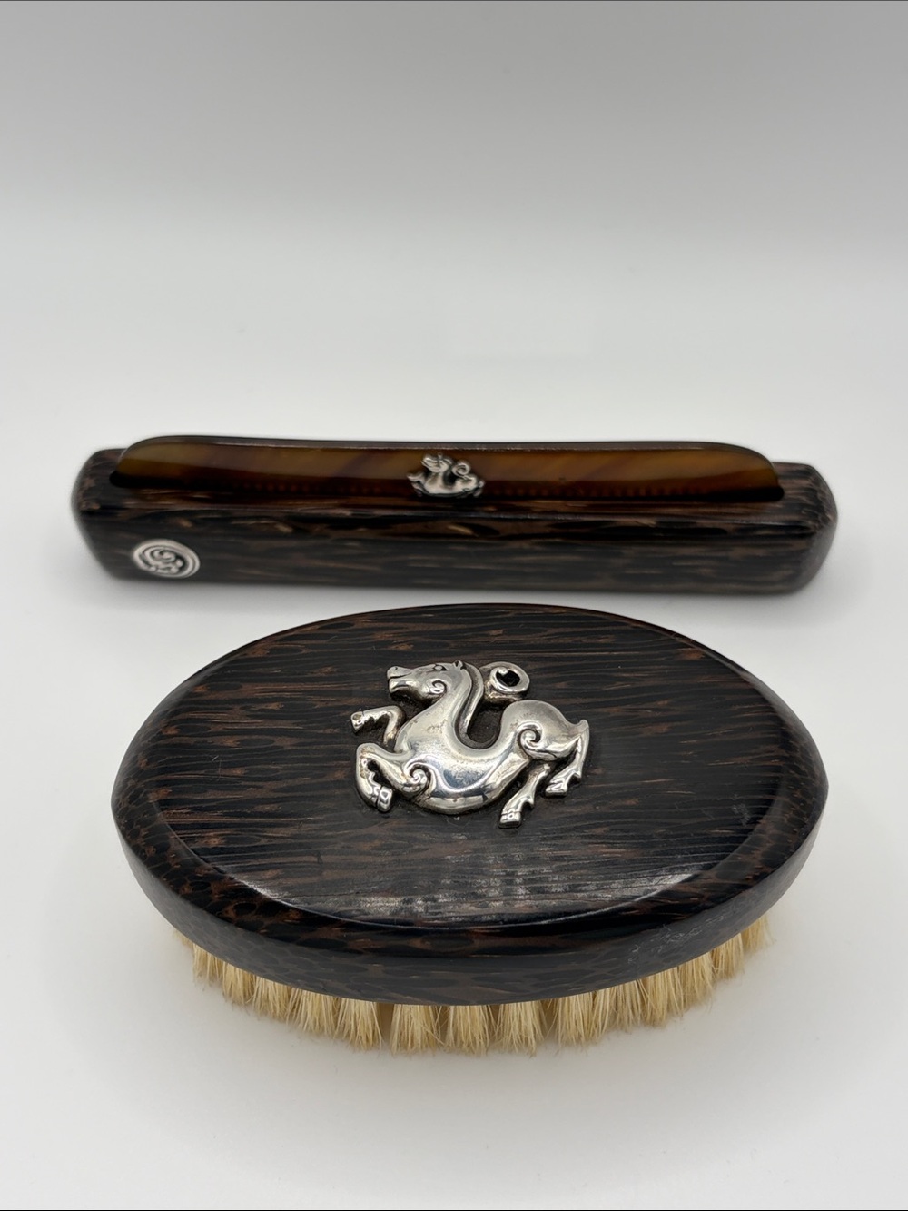 John Hardy Men's Dark Wood Horse brush and comb set with Sterling Silver 925